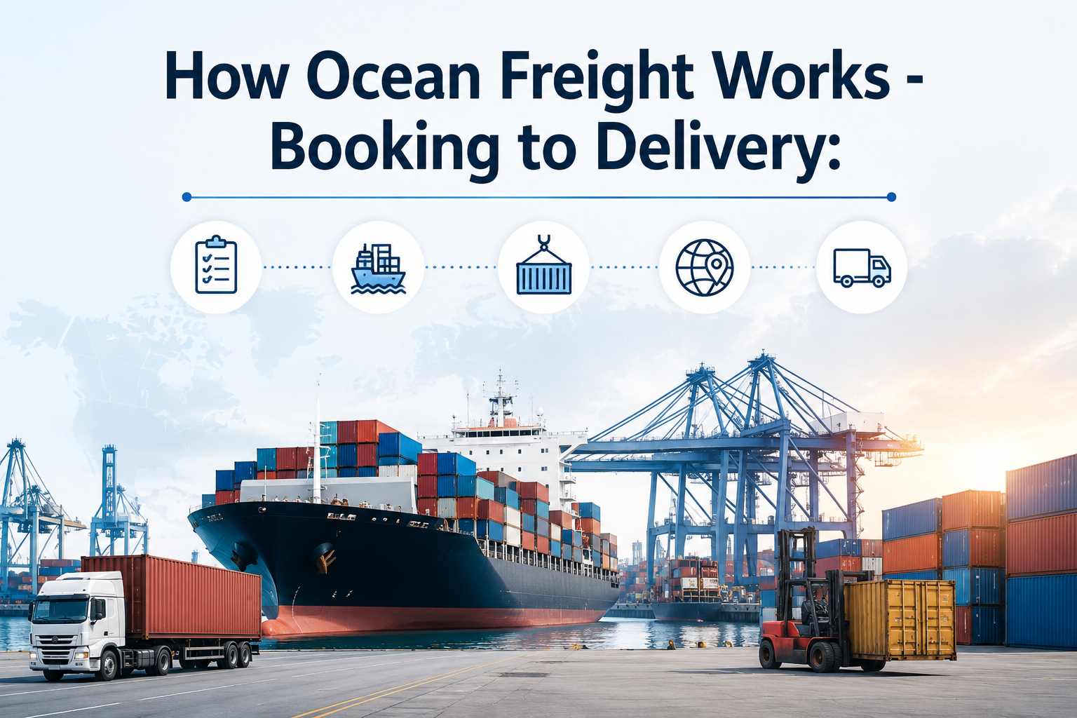 An image showing how ocean freight works from booking to delivery